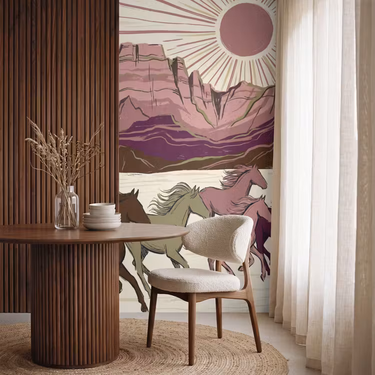 Paarden - Rennend - Woestijn - Natuur - Abstract Behang Vlies klein -sfeer1