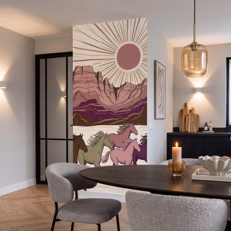 Paarden - Rennend - Woestijn - Natuur - Abstract Behang Vlies klein -sfeer3