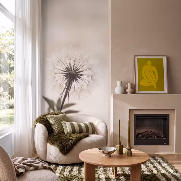Paardenbloem - Minimalistisch - Wit Behang Vlies klein -sfeer2