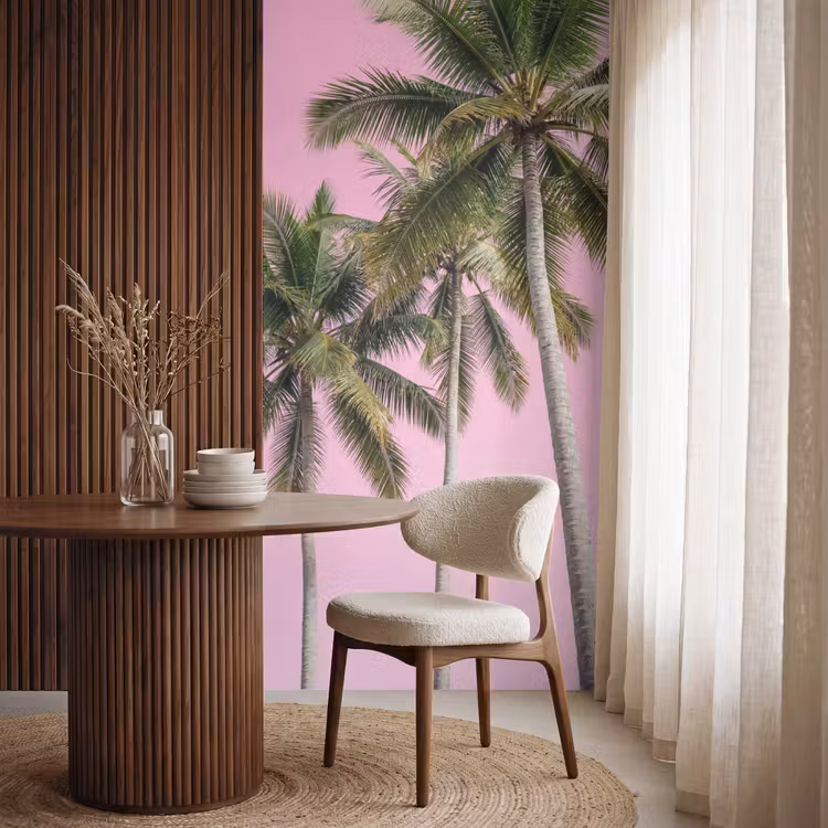 Palmboom - Tropisch - Pink Behang Vlies klein -sfeer1