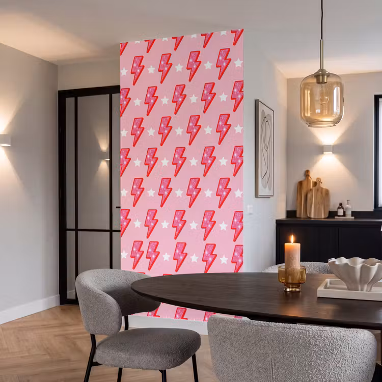 Patroon - Bliksem - Ster - Glitter - Roze Behang Vlies klein -sfeer3