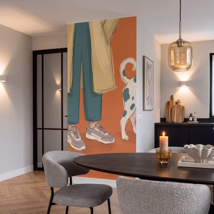 Persoon - Hond - Dieren - Illustratie - Modern Behang Vlies klein -sfeer3
