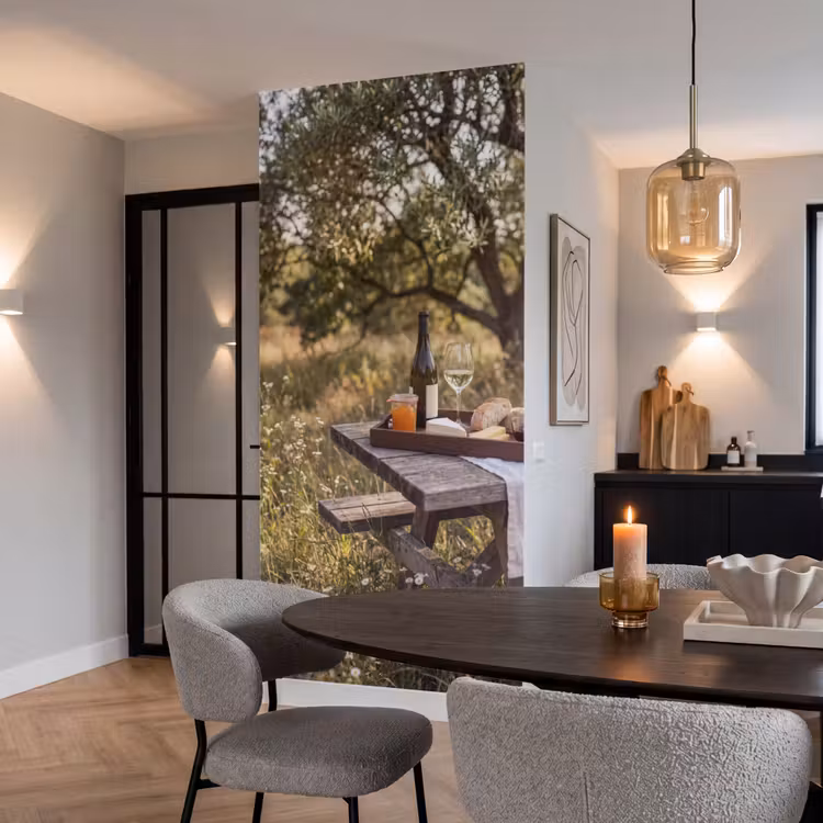 Picknick - Wijn - Kaasplankje Behang Vlies klein -sfeer3