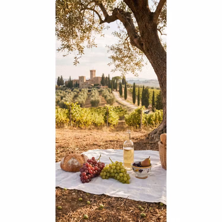 Picknick - Wijngaard - Landschap - Zomer - Eten Behang Vlies klein -3d_website