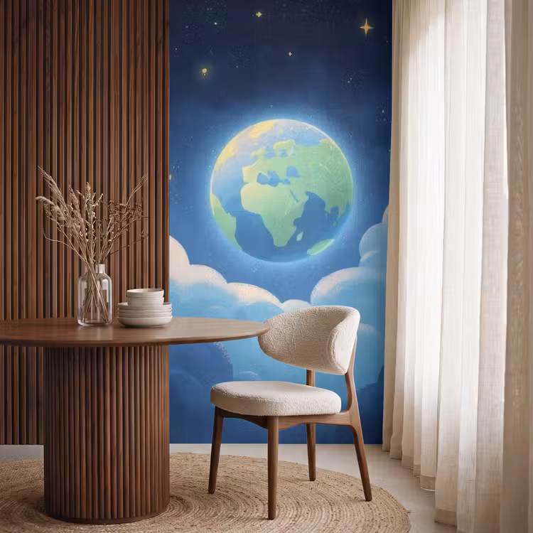 Planeet - Wolken - Sterren - Blauw Behang Vlies klein -sfeer1