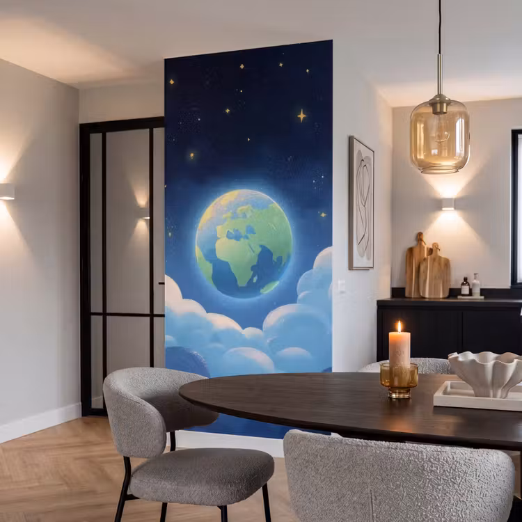 Planeet - Wolken - Sterren - Blauw Behang Vlies klein -sfeer3