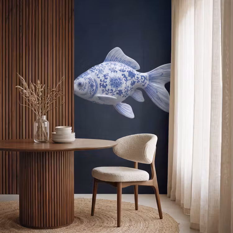 Porselein - Goudvis - Delfts - Blauw Behang Vlies klein -sfeer1