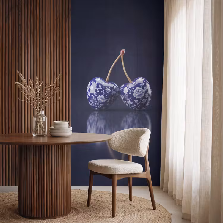 Porselein- Kersen - Delfts - Blauw Behang Vlies klein -sfeer1