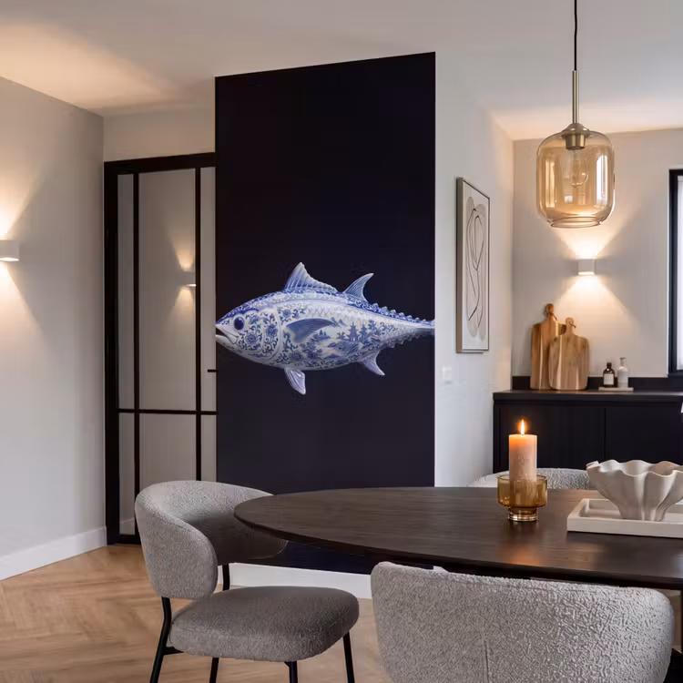 Porselein - Tonijn - Delfts - Blauw Behang Vlies klein -sfeer3