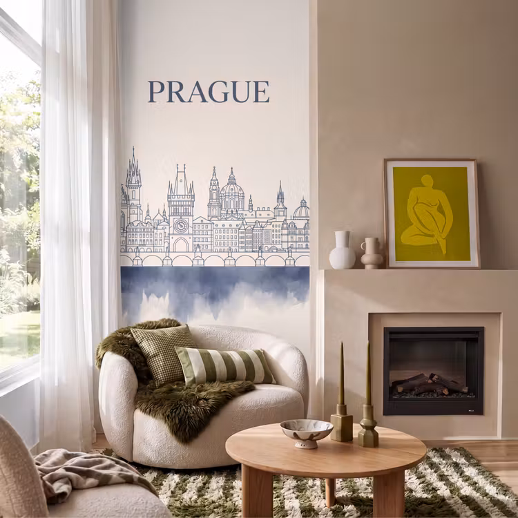 Praag - Skyline - Architectuur - Blauw Behang Vlies klein -sfeer2