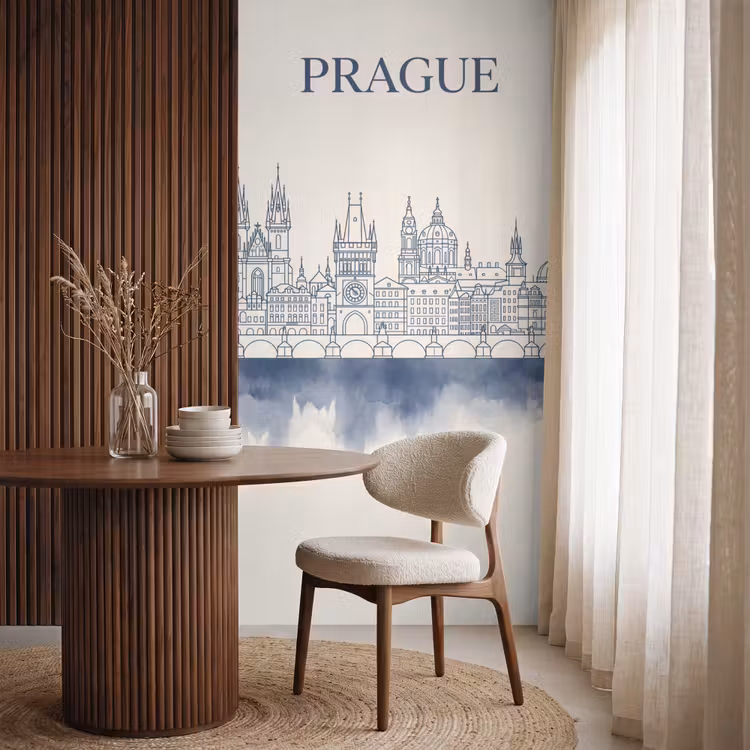 Praag - Skyline - Architectuur - Blauw Behang Vlies klein -sfeer1