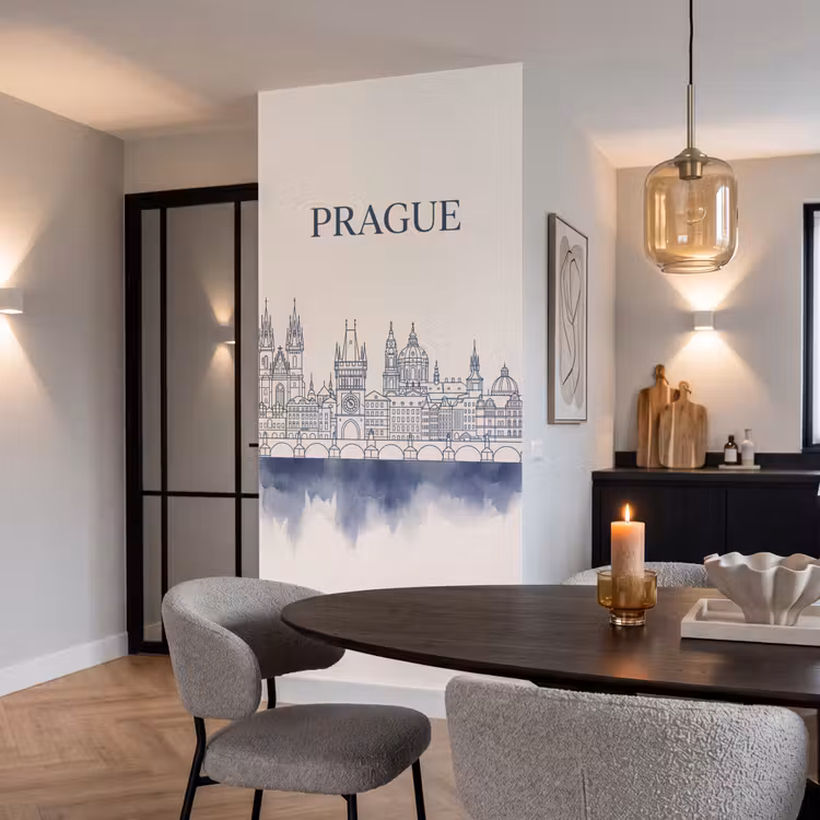 Praag - Skyline - Architectuur - Blauw Behang Vlies klein -sfeer3
