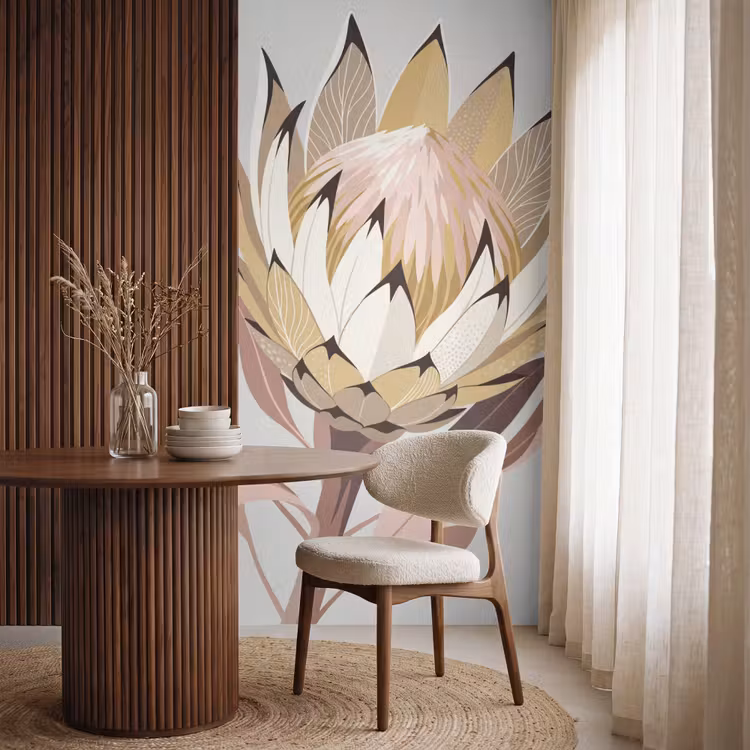 Protea - Bloem - Botanisch - Beige Behang Vlies klein -sfeer1