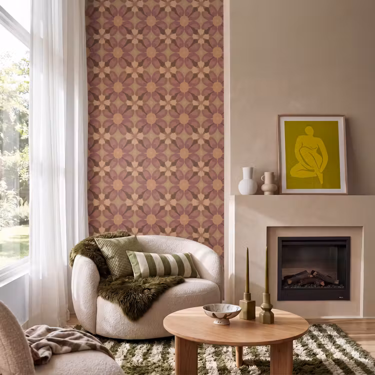 Retro - Bloemen - Bruin Behang Vlies klein 1076 -sfeer2