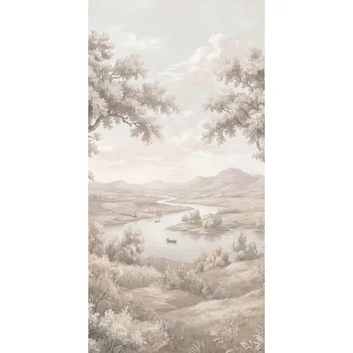 Rivierlandschap - Bergen - Natuur - Vintage - Beige Behang Vlies klein -3d_website