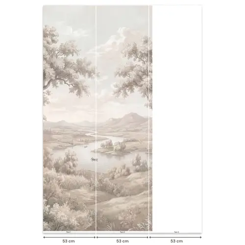Rivierlandschap - Bergen - Natuur - Vintage - Beige Behang Vlies klein -USP_banen