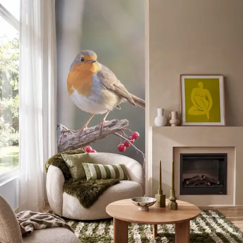 Roodborst - Tak - Bessen - Natuur Behang Vlies klein -sfeer2