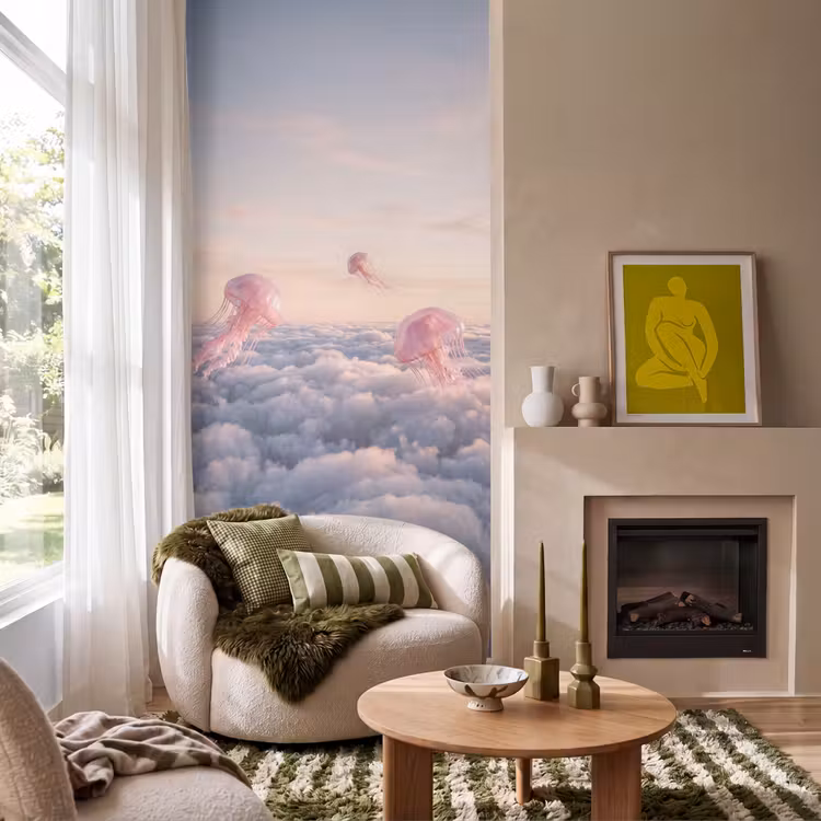 Behang - Roze dier - Wolken - Roze dier - Wolken Behang Vlies klein