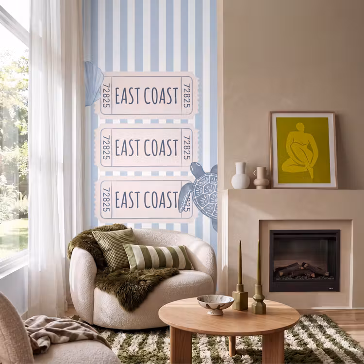 Schelp - Oceaan - Kust - Blauw - Illustratie Behang Vlies klein -sfeer2