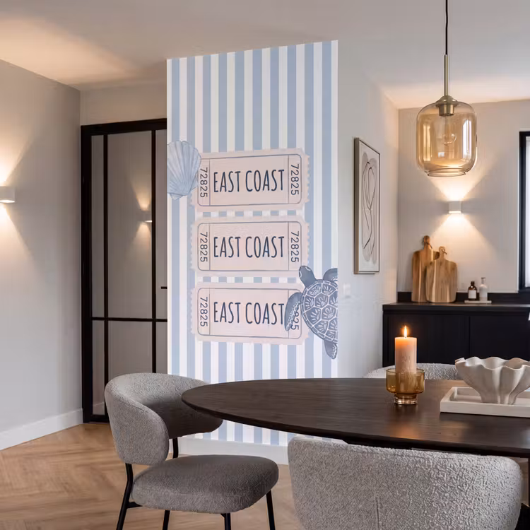 Schelp - Oceaan - Kust - Blauw - Illustratie Behang Vlies klein -sfeer3