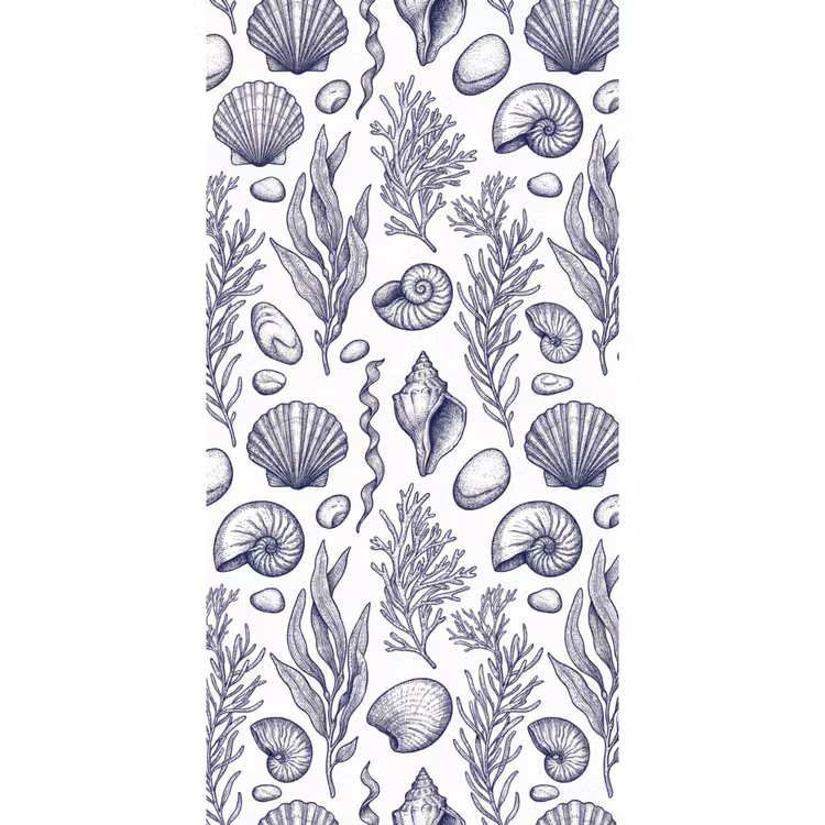 Schelpen - Zeewier - Oceaan - Illustratie - Blauw Behang Vlies klein -3d_website