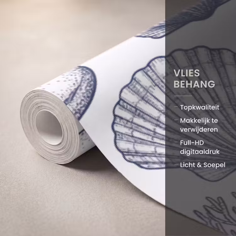 Schelpen - Zeewier - Oceaan - Illustratie - Blauw Behang Vlies klein -USP_closeupNL
