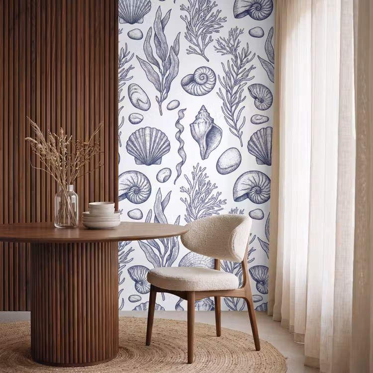 Schelpen - Zeewier - Oceaan - Illustratie - Blauw Behang Vlies klein -sfeer1