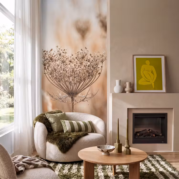 Schermbloem - Droogbloem - Winter - Beige - Minimalistisch Behang Vlies klein -sfeer2