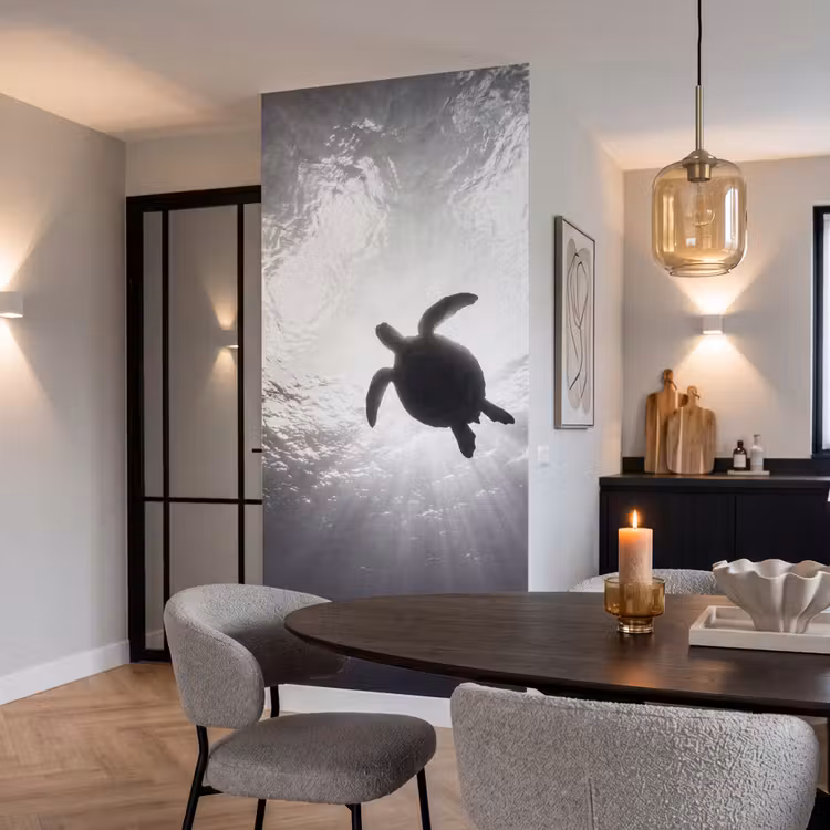 Schildpad - Onderwater - Lichtstralen - Oceaan - Zwart-wit Behang Vlies klein -sfeer3