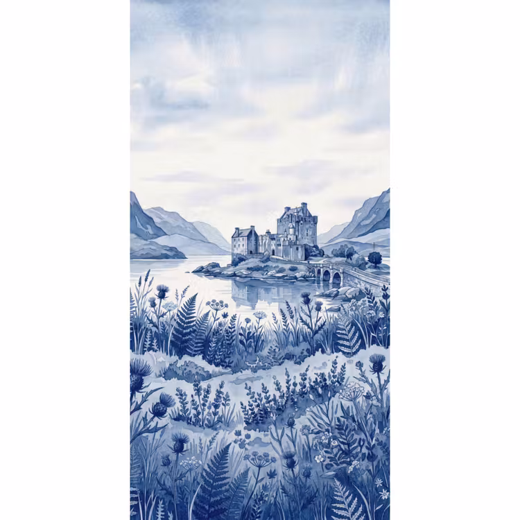Schots - Kasteel - Blauw - Aquarel Behang Vlies klein -3d_website