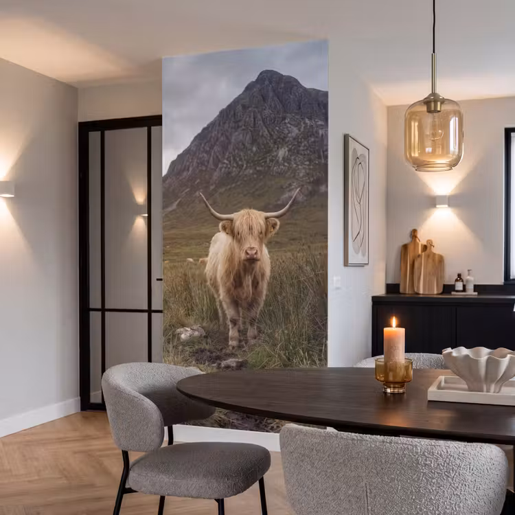 Schotse hooglander - Bergen - Grasveld Behang Vlies klein -sfeer3