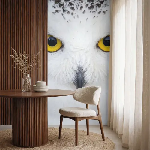 Sneeuwuil - Portret - Geel Behang Vlies klein -sfeer1