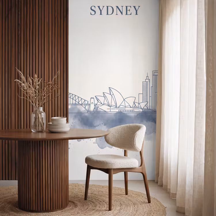 Stad - Skyline - Architectuur - Minimalistisch - Blauw Behang Vlies klein -sfeer1