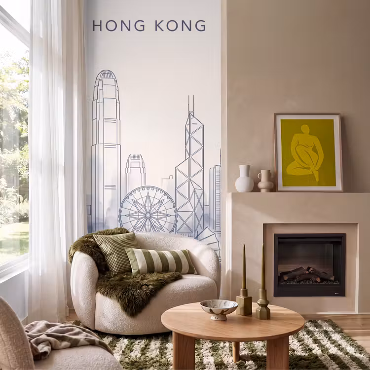 Stad - Skyline - Water - Lijntekening - Blauw Behang Vlies klein -sfeer2