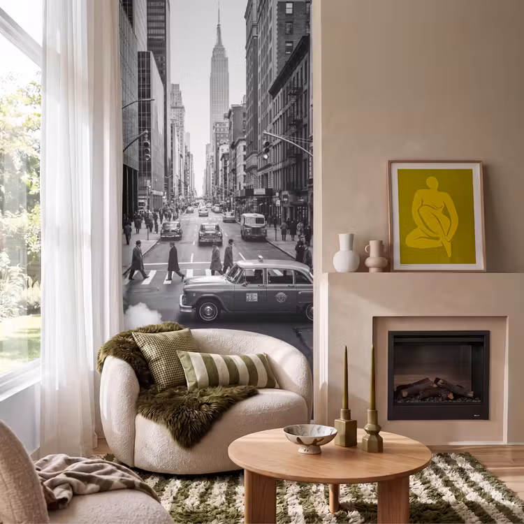 Stad - Straat - Gebouwen - Verkeer - Zwart-wit Behang Vlies klein -sfeer2