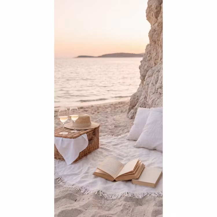 Strand - Picknick - Zonsondergang - Zomer - Natuur Behang Vlies klein -3d_website