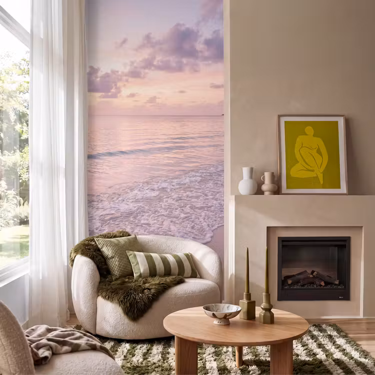 Strand - Zonsondergang - Natuur - Minimalistisch - Roze Behang Vlies klein -sfeer2