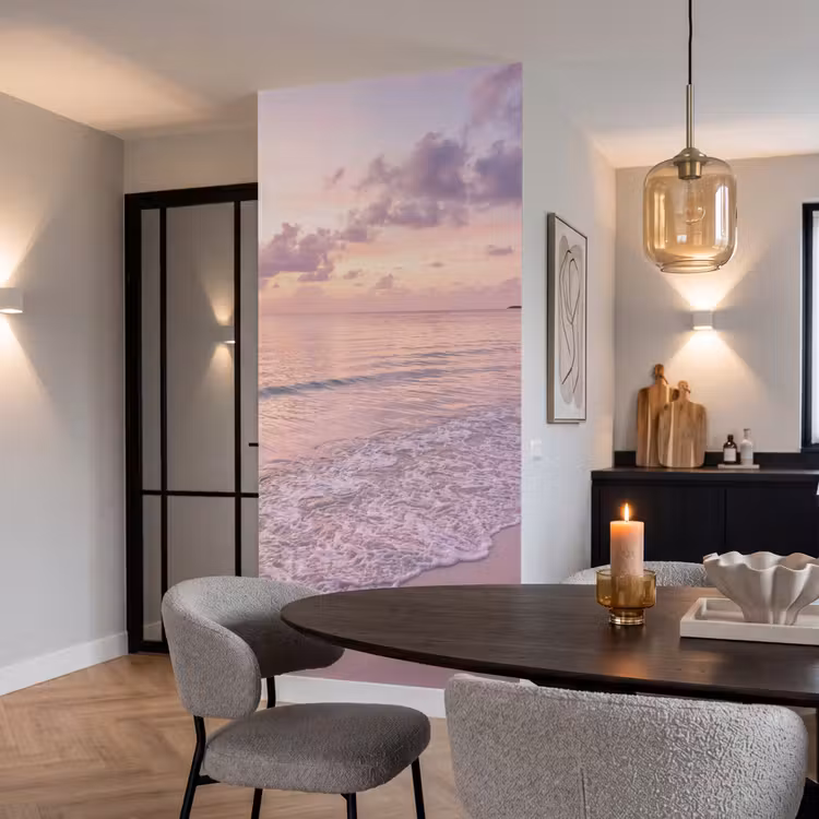 Strand - Zonsondergang - Natuur - Minimalistisch - Roze Behang Vlies klein -sfeer3