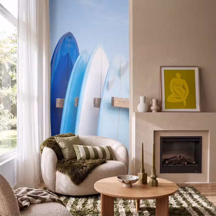 Surfplank - Strand - Zomer - Blauw - Water Behang Vlies klein -sfeer2