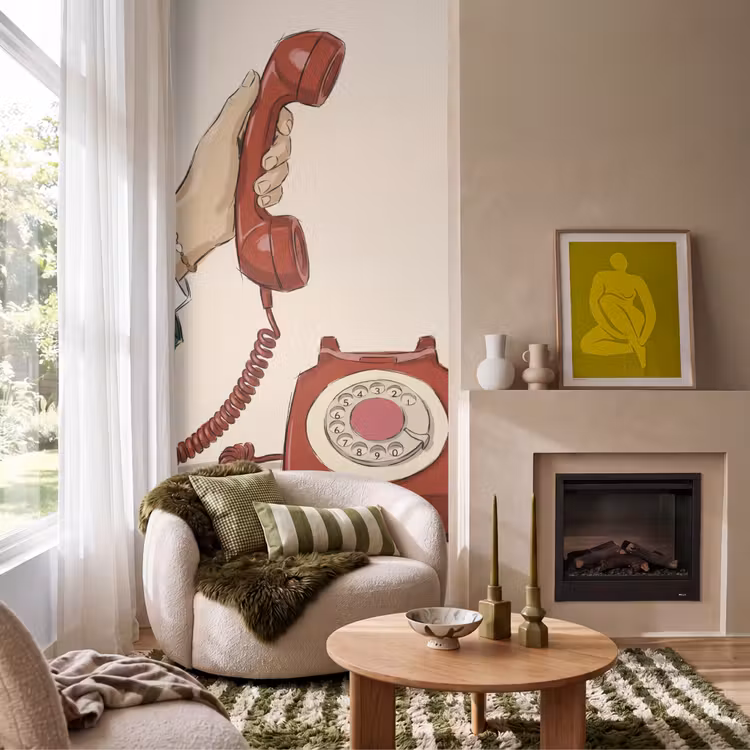 Telefoon - Hand - Vintage - Communicatie - Rood Behang Vlies klein -sfeer2