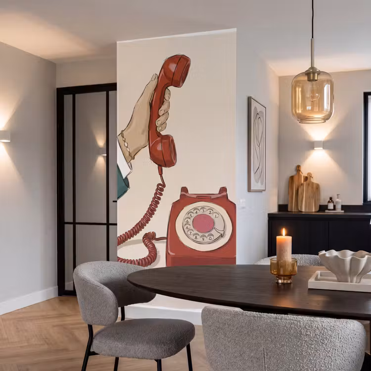 Telefoon - Hand - Vintage - Communicatie - Rood Behang Vlies klein -sfeer3