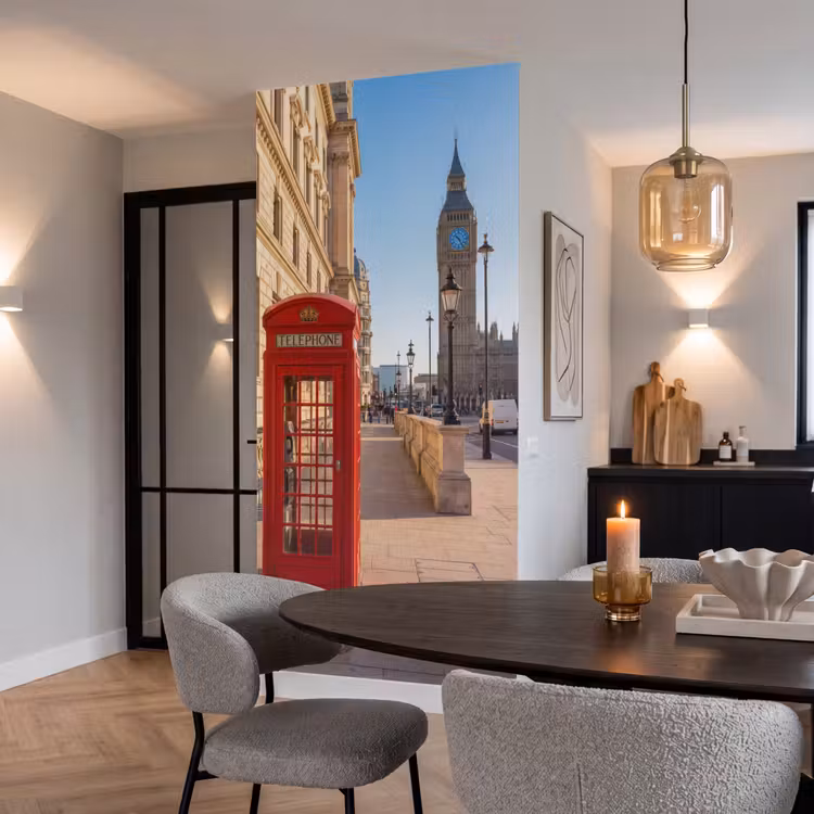 Telefooncel - Rood - Londen - Stad - Architectuur Behang Vlies klein -sfeer3