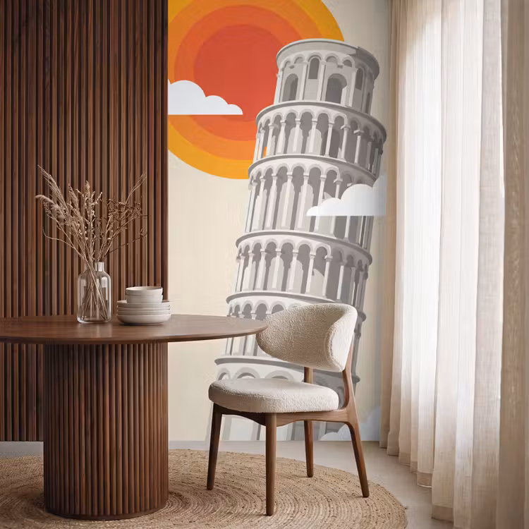 Toren - Pisa - Architectuur - Minimalistisch - Beige Behang Vlies klein -sfeer1
