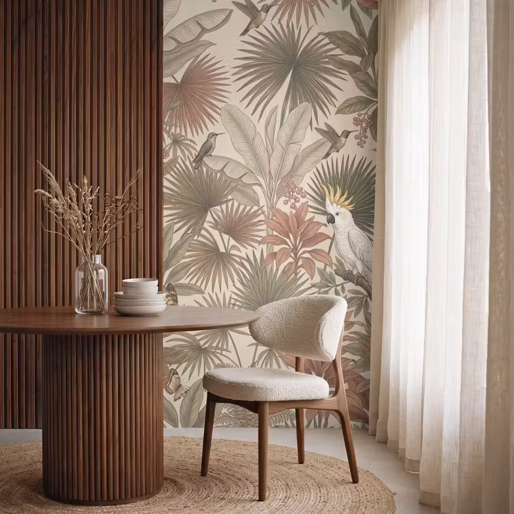 Tropisch - Vogels - Beige Behang Vlies klein -sfeer1