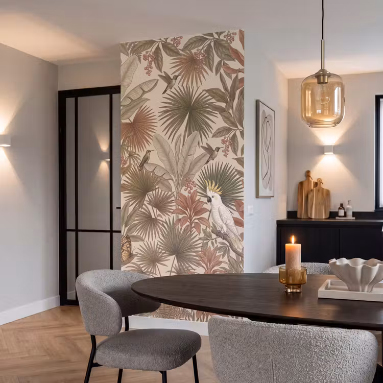 Tropisch - Vogels - Beige Behang Vlies klein -sfeer3