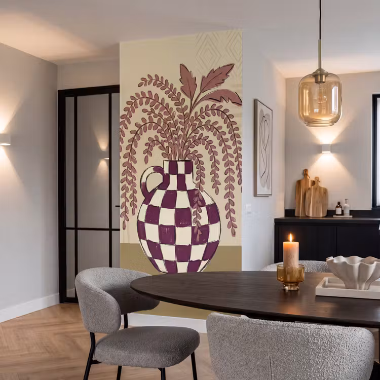 Vaas - Geruit - Planten - Modern - Paars Behang Vlies klein -sfeer3