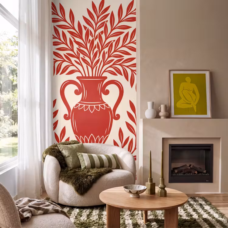 Vaas - Planten - Decoratie - Abstract - Rood Behang Vlies klein -sfeer2
