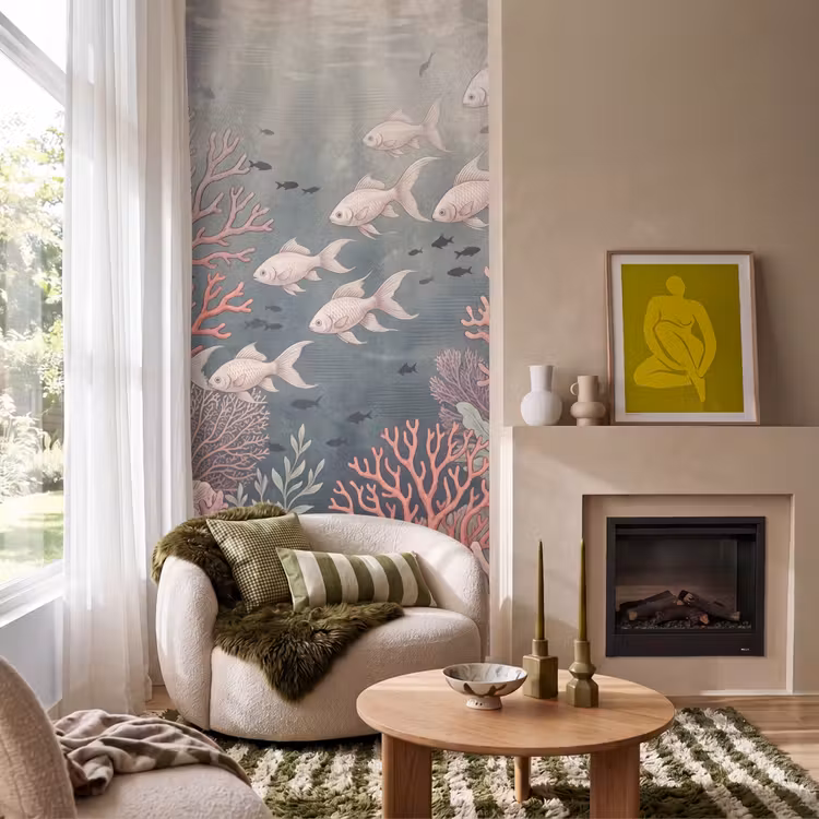 Vis - Koraal - Onderwater - Illustratie - Vintage Behang Vlies klein -sfeer2