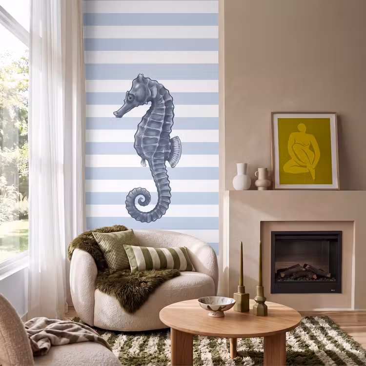 Vis - Oceaan - Illustratie - Blauw - Strepen Behang Vlies klein -sfeer2