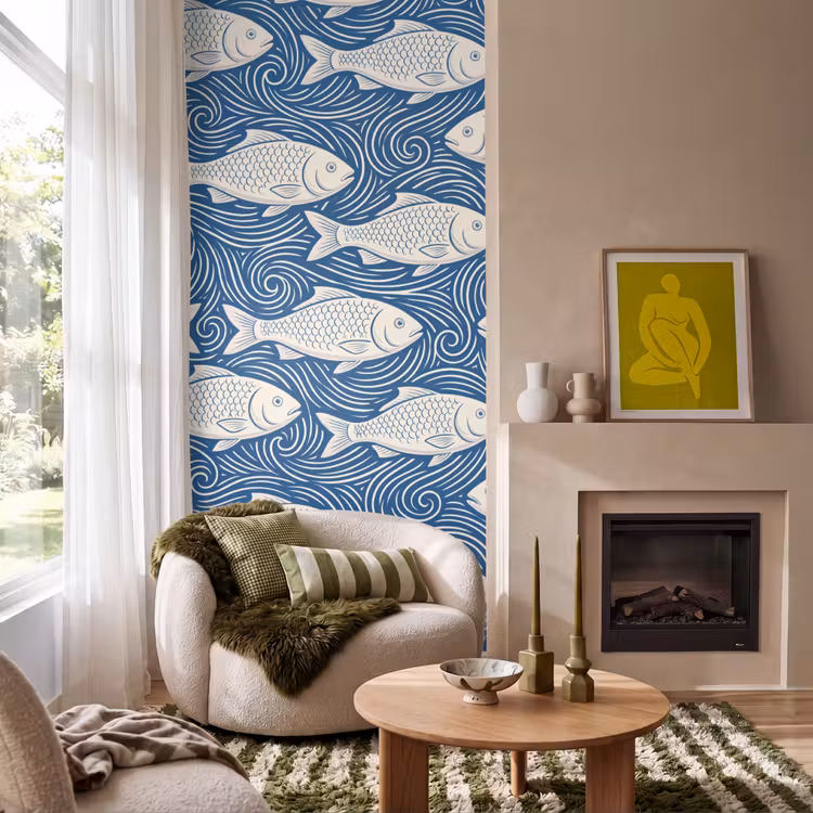 Vis - Water - Patroon - Grafisch - Blauw Behang Vlies klein -sfeer2